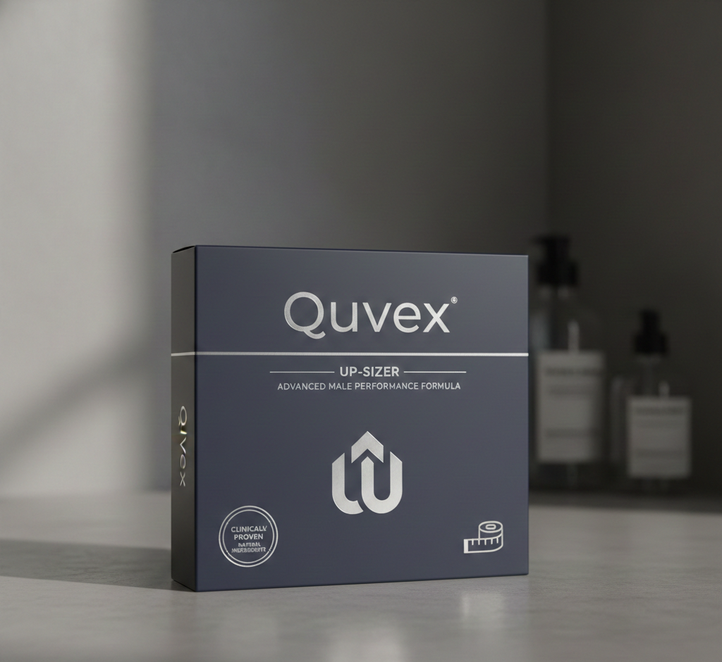 UpSizer természetes férfi wellness kiegészítő - professzionális fehér palack érlegesen kialakított címkével, modern, orvosi minőségű csomagolásban, tiszta háttéren, termékfotó stílusban